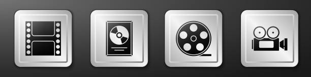 ustaw odtwarzanie wideo, nagrodę dysku cd w ramce, kołowrotek filmowy i ikonę kamery cinema. srebrny kwadratowy przycisk. wektor - dvd player computer icon symbol icon set stock illustrations