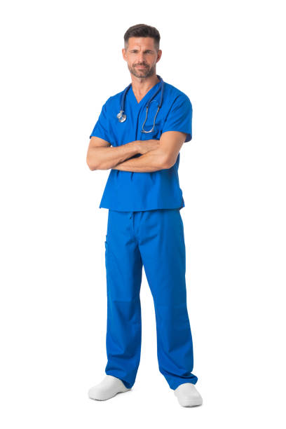 male nurse in uniform isolated on white - nurse doctor scrubs male imagens e fotografias de stock