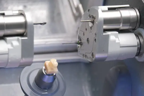 Photo of CAD CAM dental computer-aided machine. Digital modern dental laboratory for prosthesis and crowns milling