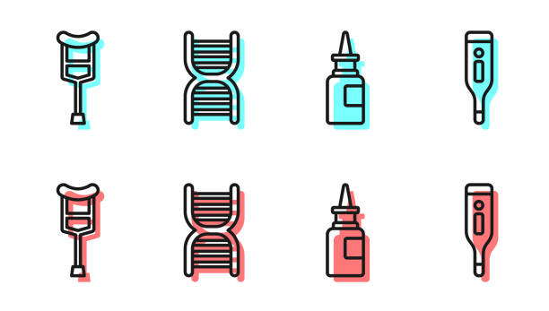 Set line Bottle nasal spray, Crutch or crutches, DNA symbol and Medical digital thermometer icon. Vector Set line Bottle nasal spray, Crutch or crutches, DNA symbol and Medical digital thermometer icon. Vector nasal spray stock illustrations