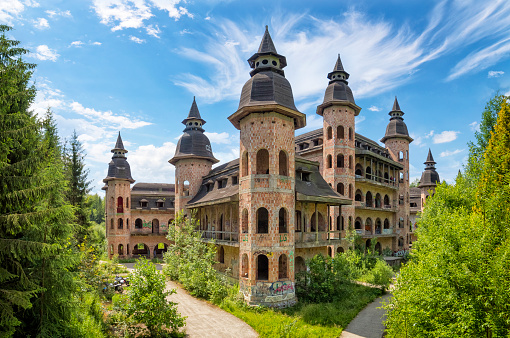 Łapalice, Poland - July 04,2020:The Castle Łapalice is the largest unauthorized construction ever developed in Poland. Started in 1984, it was closed by officials during 90-ies. It has become  tourist attraction in Kashubia