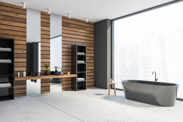 istock Grey and wooden bathroom corner 1272277095