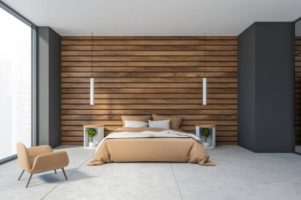 istock Grey and wooden bedroom interior 1272278348