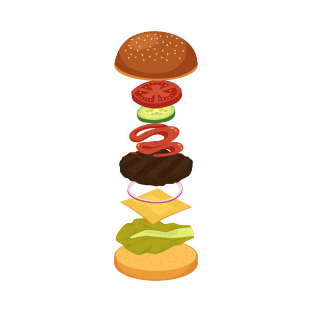 skaczące warstwy burgera między połówkami bułki, płaska ilustracja wektorowa izolowana. - skoczcie cebula stock illustrations