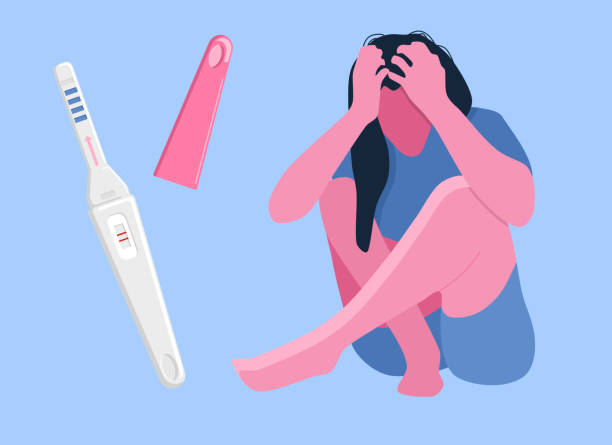 Sad woman depressed and desperate because of a positive pregnancy test.Miscarriage,upcoming abortion.Unwanted baby. Psychological help and support of single mothers and girls in difficult situations. Women help women. Teenage pregnancy, girl isn't ready for motherhood unwanted pregnancy stock illustrations