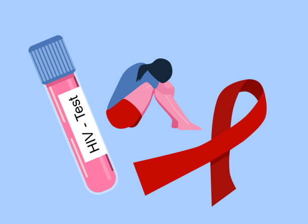 ilustrações de stock, clip art, desenhos animados e ícones de girl in depression because of hiv results.test tube with blood for laboratory analysis.aids awareness ribbon symbol. immunodeficiency virus concept. - aids awareness ribbon