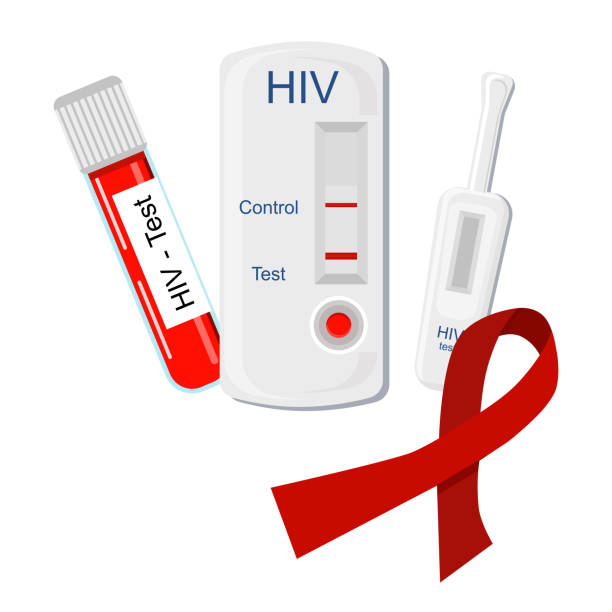 express hiv selbsttest-kit-illustration mit laborröhre mit blut. aids prävention. immundefizienz-virus-diagnosekonzept. - immunodeficiency stock-grafiken, -clipart, -cartoons und -symbole