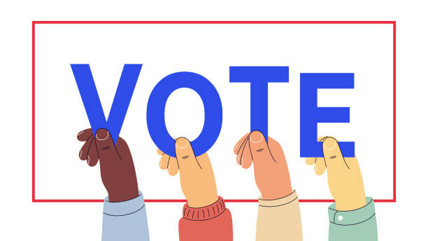 Human hands keep letters, word Vote. Text appeal for voters. Election of the President or Government, polling day in USA Human hands keep letters, word Vote. Text appeal for voters. Election of the President or Government, polling day in USA, political voting, referendum. Vector illustration, web banner and poster voter registration stock illustrations