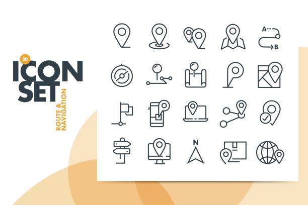 routen- und navigationsliniensymbole festgelegt. karte, weg, pfad, lage. moderne grafikdesign-konzepte, einfache gliederungselemente-kollektion. vektorliniensymbole - direction drawing compass map work tool stock-grafiken, -clipart, -cartoons und -symbole