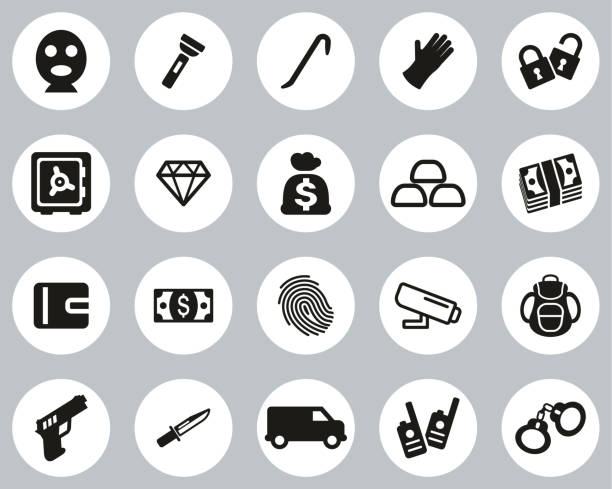 Thief Or Burglar Icons Black & White Flat Design Circle Set Big This image is a illustration and can be scaled to any size without loss of resolution. wallet gun stock illustrations