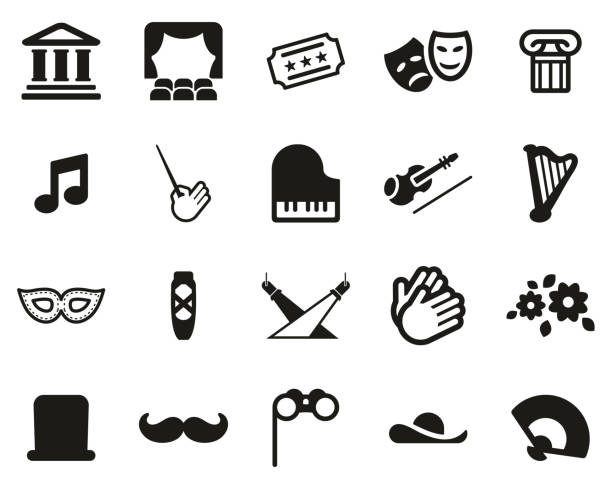 Theater Or Opera Icons Black & White Set Big This image is a illustration and can be scaled to any size without loss of resolution. theater industry illustrations stock illustrations