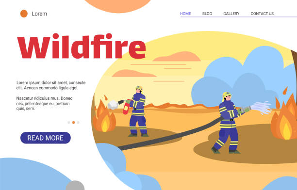 Wildfire banner template - firemen extinguishing wild fire in nature Wildfire banner template - firemen extinguishing wild fire with water and extinguisher. Cartoon firefighter people in uniform at burning landscape, vector illustration wildfire smoke stock illustrations