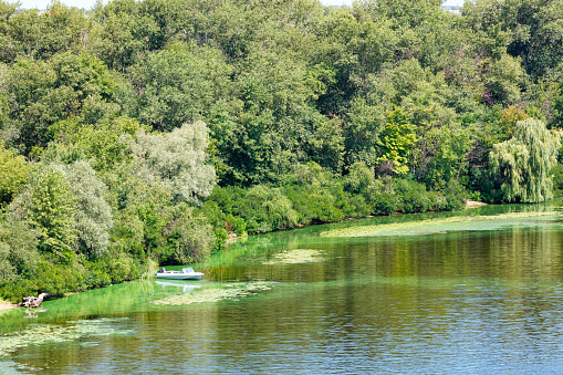 Natural picturesque landscape of the Dnipro bay near one of the river islands.