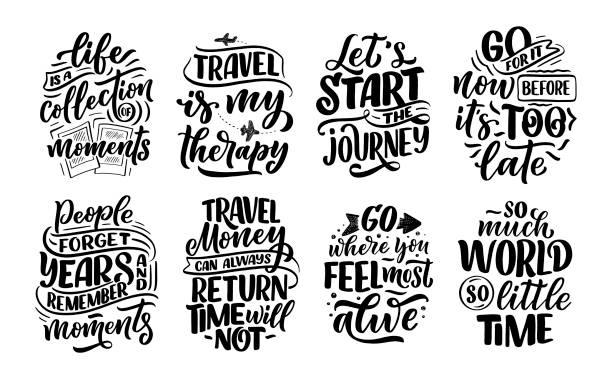 Set with life style inspiration quotes about travel and good moments, hand drawn lettering slogans for posters and prints. Motivational typography. Calligraphy graphic design elements. Vector Set with life style inspiration quotes about travel and good moments, hand drawn lettering slogans for posters and prints. Motivational typography. Calligraphy graphic design elements. Vector illustration sayings stock illustrations