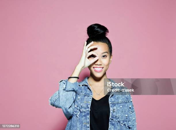 Confident Smiling Entrepreneur On Pink Background Stock Photo - Download Image Now - Entrepreneur, Gesturing, Photography