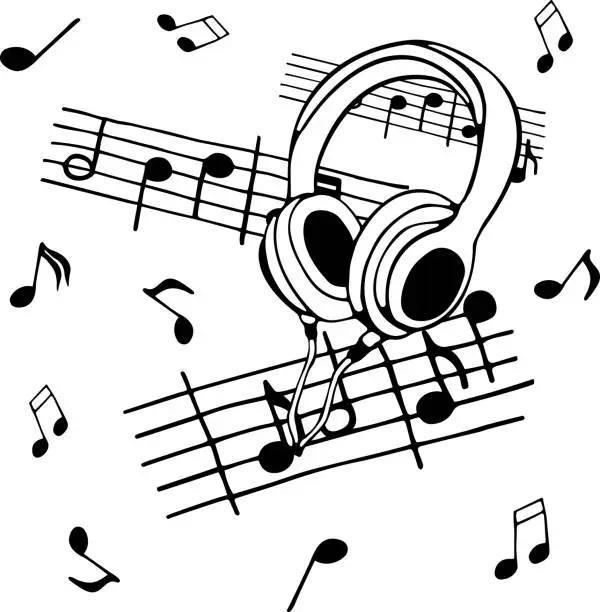 Vector illustration of Black and white illustration on the theme of music. Vector drawing with notes and headphones