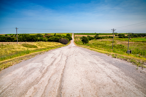 A rural road through farm land in the central plains of the United States, state of Kansas.