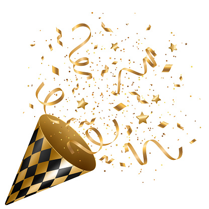 Party popper with gold confetti and serpantine salute isolated on white. Vector illustration. Golden cracker for celebration event design. Birthday and New Year congratulations surprise.