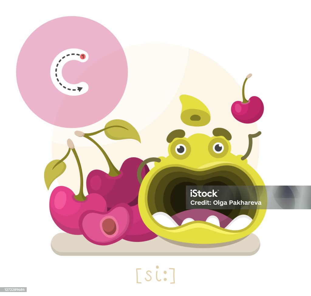 Learning The English Alphabet Funny Cartoon Character With Cherry And Letter  The Way To Write A Letter With Transcription Vector Illustration Stock  Illustration - Download Image Now - iStock