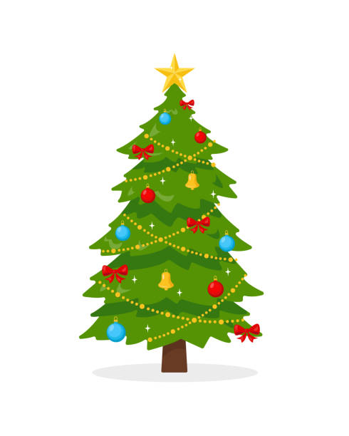 geschmückter weihnachtsbaum auf weißem hintergrund. - tannenbaum stock-grafiken, -clipart, -cartoons und -symbole