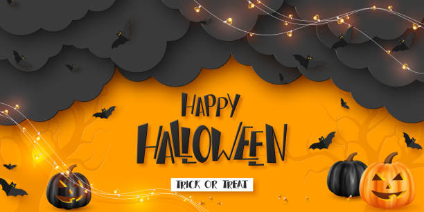 ilustraciones, imágenes clip art, dibujos animados e iconos de stock de feliz banner horizontal de halloween. - halloween