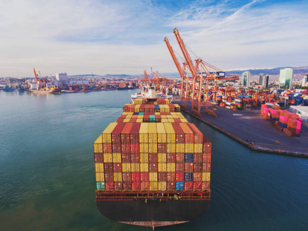 istock Aerial view of cargo ship in transit. 1272290475