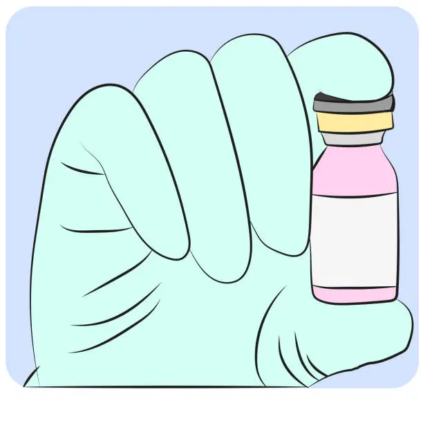 Vector illustration of Vector. A hand in medical gloves holds a vial with a vaccine