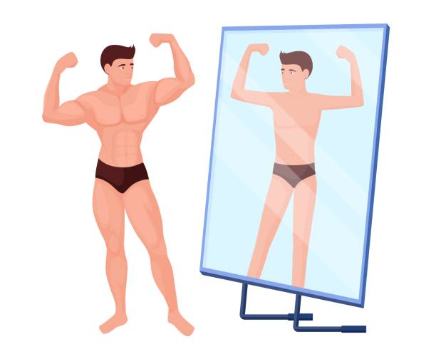 ilustrações, clipart, desenhos animados e ícones de reflexo no espelho de um homem sem músculos. personagem fisiculturista masculino com músculos bombeados. - pumped