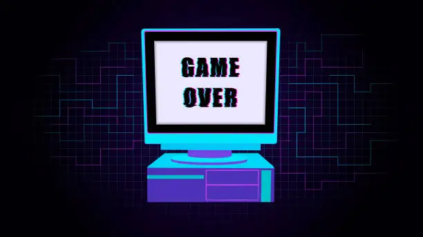 Vector illustration of Glitch old personal computer. Retro pc with distorted inscription game over.