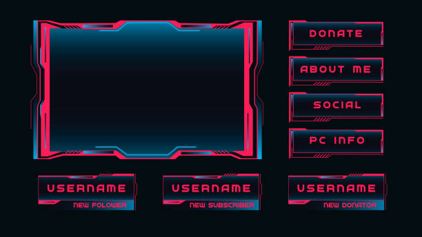 Streaming interface windows. Red frames with control panels broadcast of online games. Streaming interface windows. Red frames with control panels broadcast of online games presentation and review of cyber players futuristic vector dark background. video game banners stock illustrations