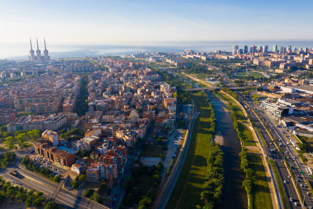 istock Top view on Barcelona and district Sant Adria de Besos, Besos river 1272293477
