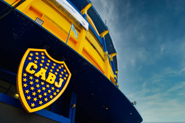 Facade of the Boca Juniors Club stadium, known as Bombonera, shows its crest shield at its entrance stock photo