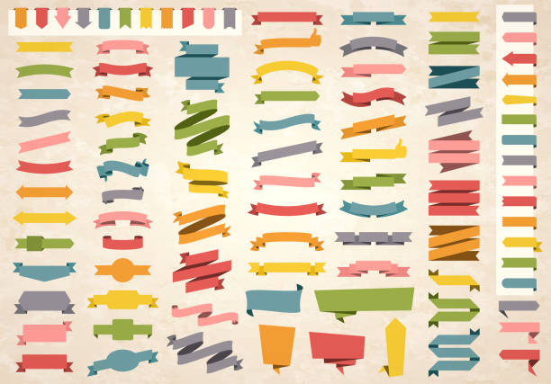 Set of Colorful Vintage Ribbons, Banners, badges, Labels - Design Elements on retro background Set of Vintage multicolored ribbons, banners, badges and labels (Red, orange, yellow, green, blue, gray, pink), isolated on a brown retro background with an effect of old textured paper. Elements for your design, with space for your text. Vector Illustration (EPS10, well layered and grouped). Easy to edit, manipulate, resize or colorize. ribbon stock illustrations