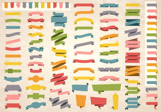 Set of Colorful Vintage Ribbons, Banners, badges, Labels - Design Elements on retro background Set of Vintage multicolored ribbons, banners, badges and labels (Red, orange, yellow, green, blue, gray, pink), isolated on a brown retro background with an effect of old textured paper. Elements for your design, with space for your text. Vector Illustration (EPS10, well layered and grouped). Easy to edit, manipulate, resize or colorize. Ribbon stock illustrations