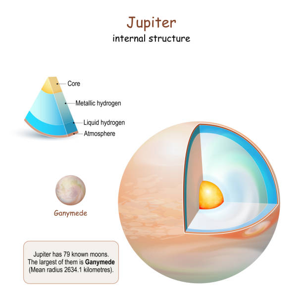 Jupiter internal structure Jupiter internal structure. cross section of planet from core to mantle and crust. Ganymede of Moon of Jupiter. Solar system. infographics. vector diagram. Easy to edit jupiter stock illustrations