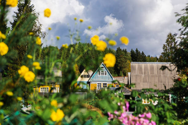 A typical russian summer village in the greenery of trees and flowers on a warm sunny day stock photo