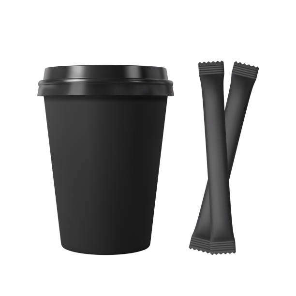 istock Black paper coffee cup with a lid and sugar sticks. Realistic vector mockup. 1272297837