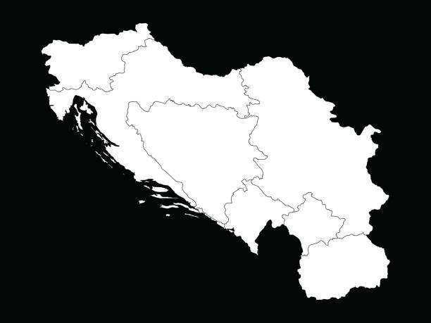 黒背景の旧ユーゴスラビア諸国のホワイトマップ - 旧ユーゴスラビア点のイラスト素材／クリップアート素材／マンガ素材／アイコン素材