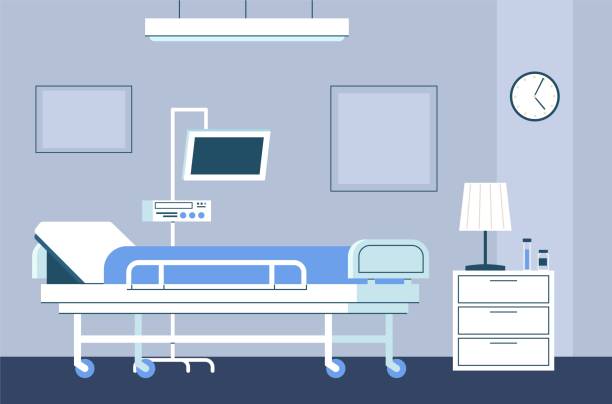 Hospital room interior. Modern intensive therapy ward with bed on wheels and medical equipment emergency clinic with furniture and dropper healthcare vector flat concept in blue colors Hospital room interior. Modern intensive therapy ward with bed on wheels and medical equipment emergency clinic with furniture monitor and dropper healthcare vector flat aid concept in blue colors hospital ward stock illustrations