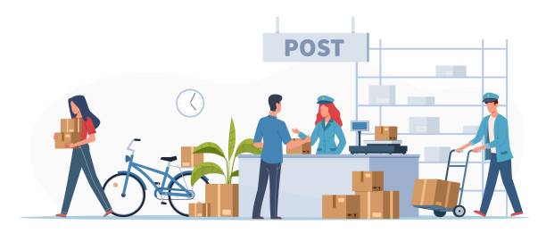 postzustellamt. postboten, kurier und menschen mit kisten und briefen in postempfang, bestellung empfang oder paket, post-service briefmarken umschläge vektor flache illustration - mailbox mail symbol box stock-grafiken, -clipart, -cartoons und -symbole