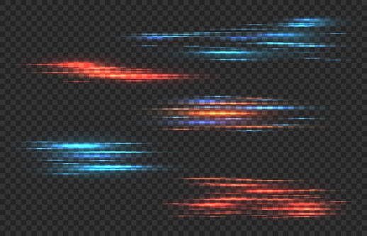 Light stripes. Horizontal red and blue shine neon lines data connection futuristic abstract flash glow, high speed connecting smart technology power tails vector set isolated on transparent background