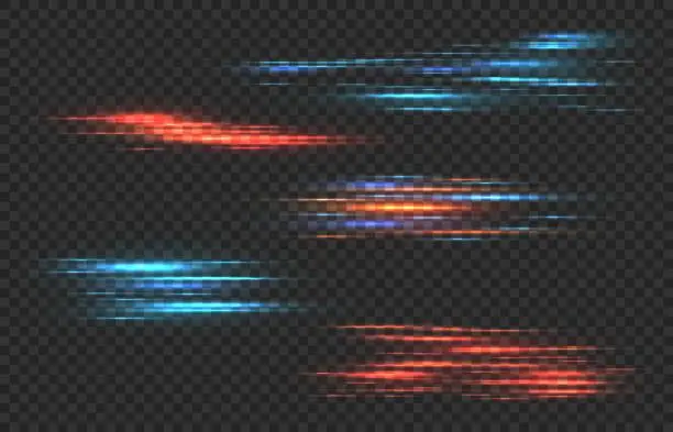 Vector illustration of Light stripes. Red and blue shine neon lines, data connection futuristic abstract flash, high speed connecting smart technology power tails vector set isolated on transparent background