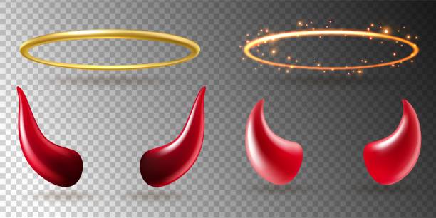 Angel rings and devil horns. Saints golden glowing halo, shiny yellow aureole and red demon horn evil symbol realistic halloween costume vector 3d isolated on transparent background set Angel rings and devil horns. Saints golden glowing circle halo, shiny yellow aureole and red demon horn evil symbol realistic halloween costume design vector 3d isolated on transparent background set devils horn stock illustrations