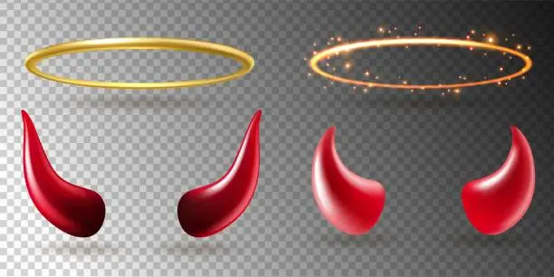 Vector illustration of Angel rings and devil horns. Saints golden glowing halo, shiny yellow aureole and red demon horn evil symbol realistic halloween costume vector 3d isolated on transparent background set