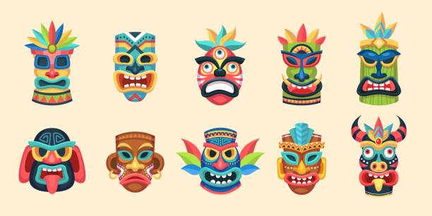 istock Tribal mask. Ethnic african, aztec and hawaiian ritual aboriginal face masks, traditional indian wooden symbols, ancient ritual totem religion idol vector colorful isolated set 1272298821