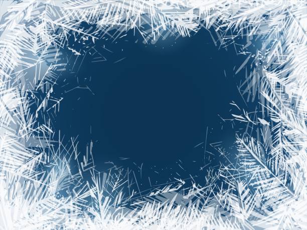 illustrazioni stock, clip art, cartoni animati e icone di tendenza di gelo. vetro da finestra congelato con freddo gelido, decorazione natalizia. ornamento cristalli d'acqua trasparente su sfondo blu, nuovo anno astratto cornice innevata vettore isolato texture - window frost frozen ice