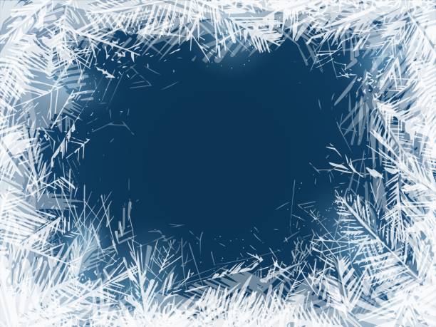 ilustrações de stock, clip art, desenhos animados e ícones de frost. frozen window glass in cold freeze weather, christmas decoration. transparent water crystals ornament on blue background, new year abstract snowy frame vector isolated texture - window frost frozen ice