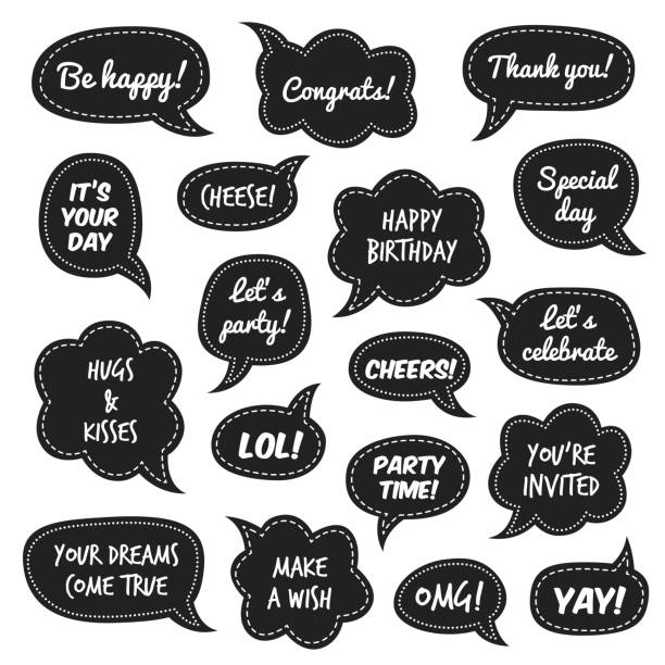 Party props. Photo booth comic speech bubbles with funny phrases for masquerade, white congratulate text on black background christmas and new year party, birthday vector set Party props. Photo booth comic speech bubbles with funny phrases for masquerade event, white congratulate text on black background christmas and new year party, birthday vector isolated set black and white photo christmas cards stock illustrations