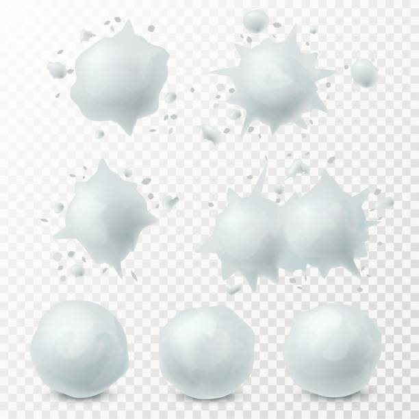 눈덩이 가 튀어나. 눈 튀김 과 둥근 흰색 눈덩이 겨울 아이들은 게임 요소싸움, 크리스마스 휴일 에 대한 장식 세트 현실적인 3d 벡터 세트 투명 배경에 고립 - snowball stock illustrations