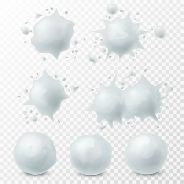 Snowball splatter. Snow splashes and round white snowballs winter kids fight game elements, decoration set for christmas holidays realistic 3d vector set isolated on transparent background Snowball splatter. Snow splashes and round shape white snowballs winter kids fight game frozen elements decoration set for christmas holidays realistic 3d vector set isolated on transparent background snowball stock illustrations